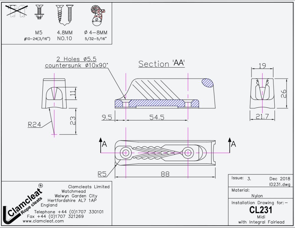CLAMCLEAT Midi mit Führungsauge, für Leine 4-8mm