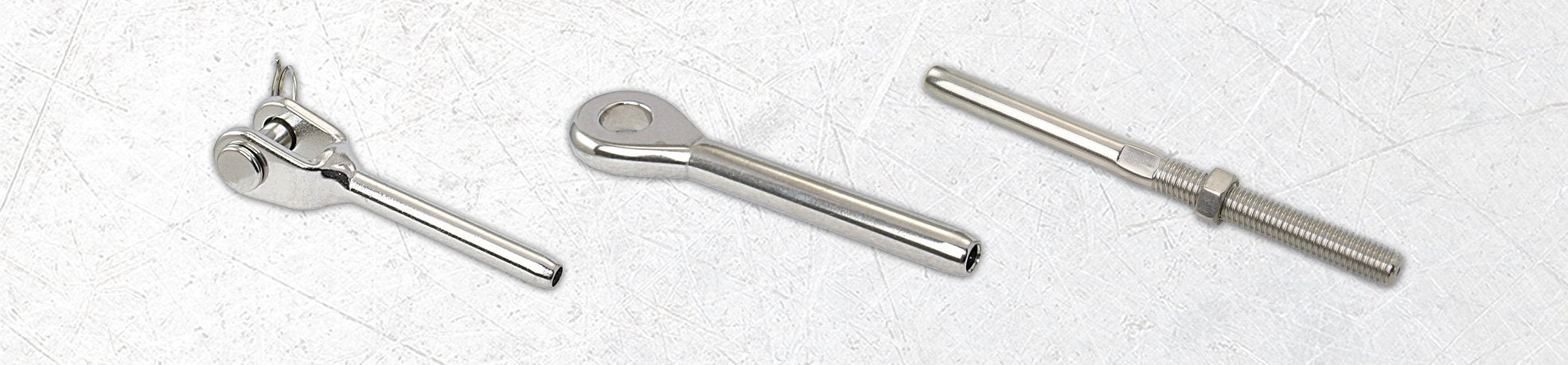 Gabelterminal, Augterminal und Gewindeterminal aus Edelstahl.