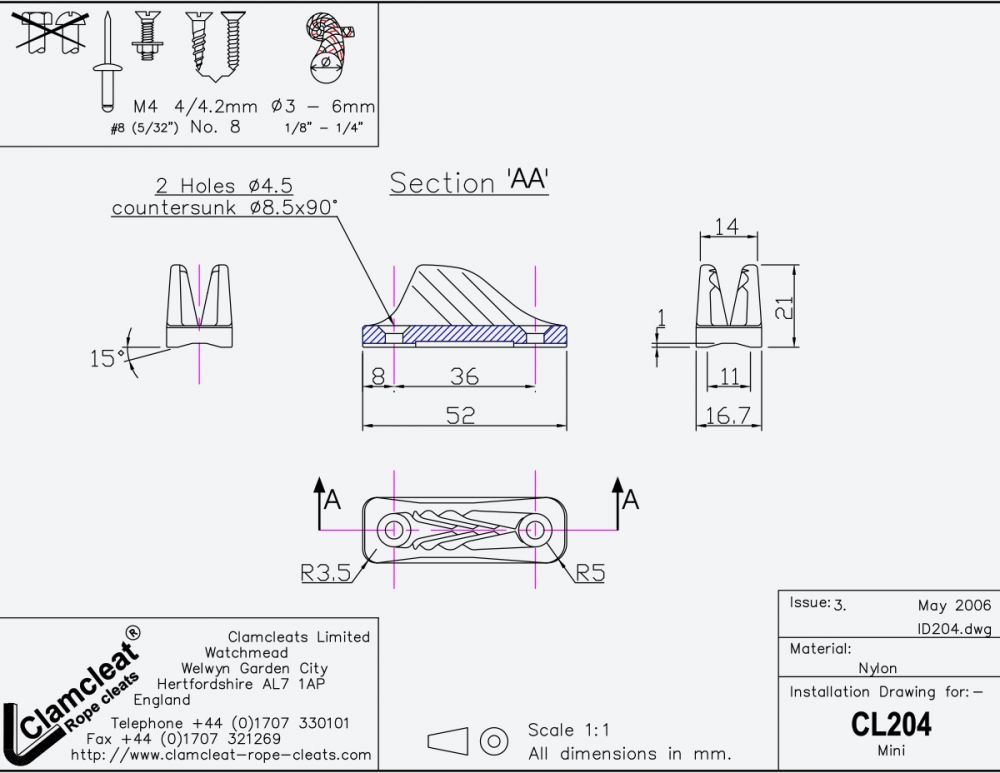 CLAMCLEAT Mini, für Leine 3-6mm