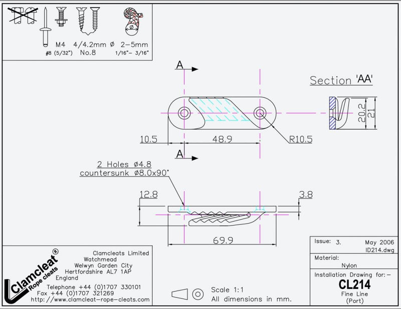 Clamcleat™ Fine Line, für Leine 2-5mm