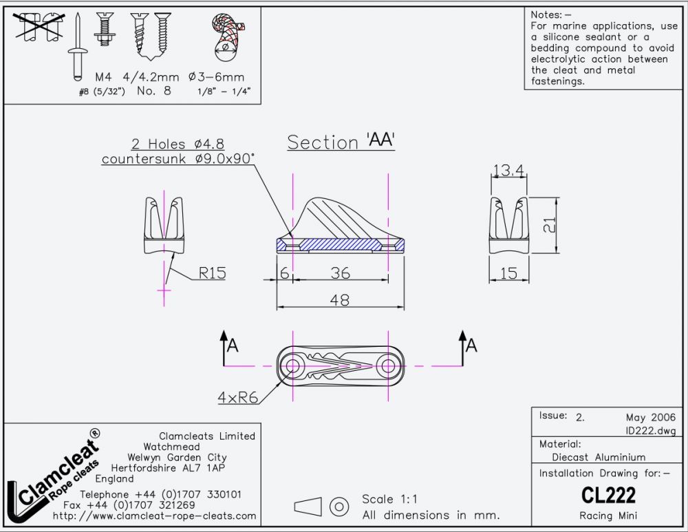 CLAMCLEAT Racing Mini, für Leine 3-6mm