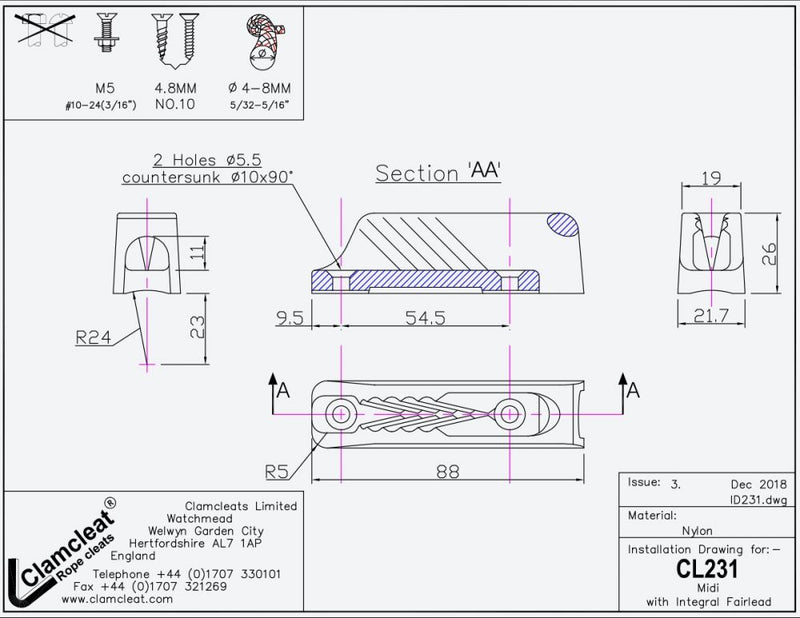 Clamcleat™ Midi mit Führungsauge, für Leine 4-8mm