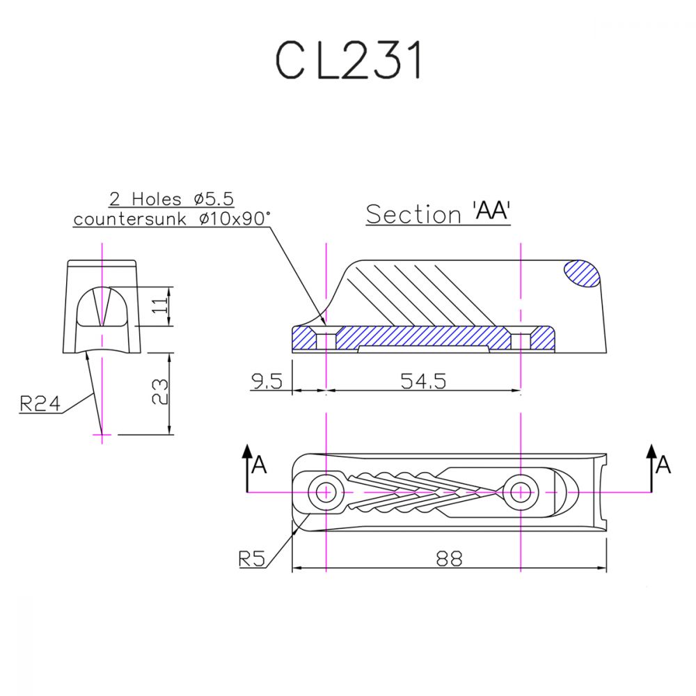 CLAMCLEAT Midi mit Führungsauge, für Leine 4-8mm