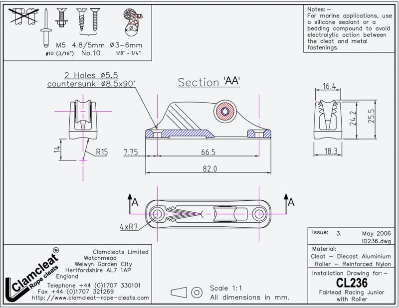 Clamcleat™Racing Junior MK-1 mit Rolle oben, für Leine 3-6mm