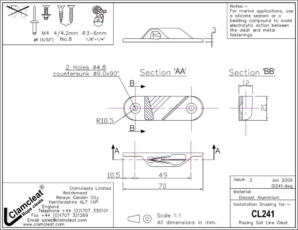 CLAMCLEAT Racing Sail Line Cleat, für Leine 3-6mm