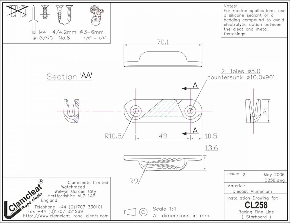 CLAMCLEAT Racing Fine Line Cleat, für Leine 3-6mm