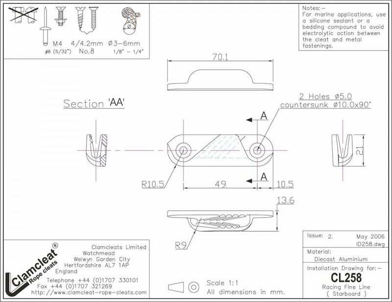 Clamcleat™ Racing Fine Line Cleat, für Leine 3-6mm