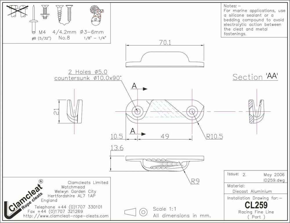 CLAMCLEAT Racing Fine Line Cleat, für Leine 3-6mm