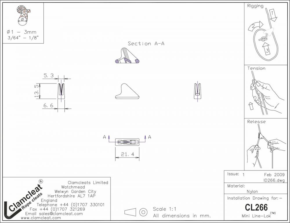 CLAMCLEAT Line Lok™ Mini Zeltleinenspanner, für Leine 1-3mm