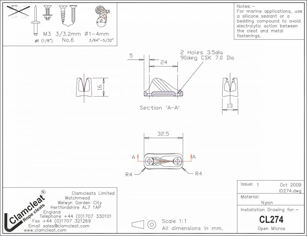 CLAMCLEAT Open Micros, für Leine 1-4mm