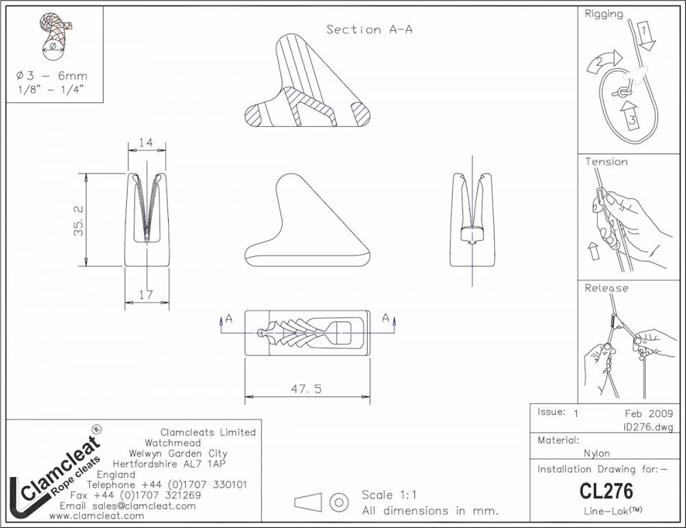 CLAMCLEAT Line Lok™ Medium Zeltleinenspanner, für Leine 3-6mm